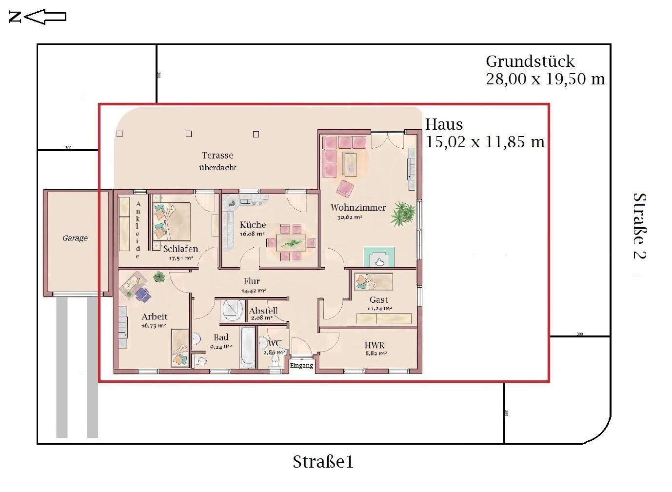 Grundriss: Haus auf rotem Grundstück mit Terrasse, Küche, Wohnzimmer, Schlafraum, Gästezimmer, Garage.