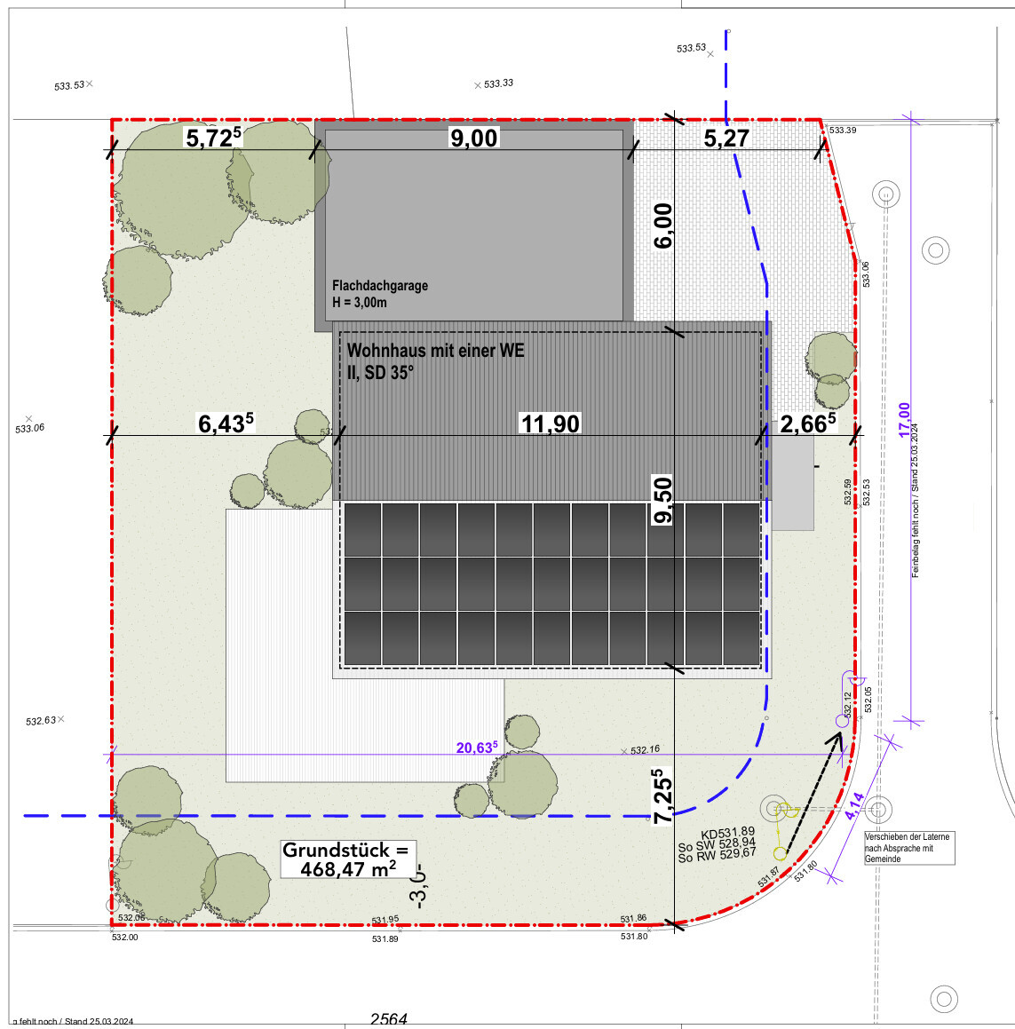 Lageplan eines Wohnhauses mit Flachdachgarage, Garten, Zufahrt und Maßangaben.