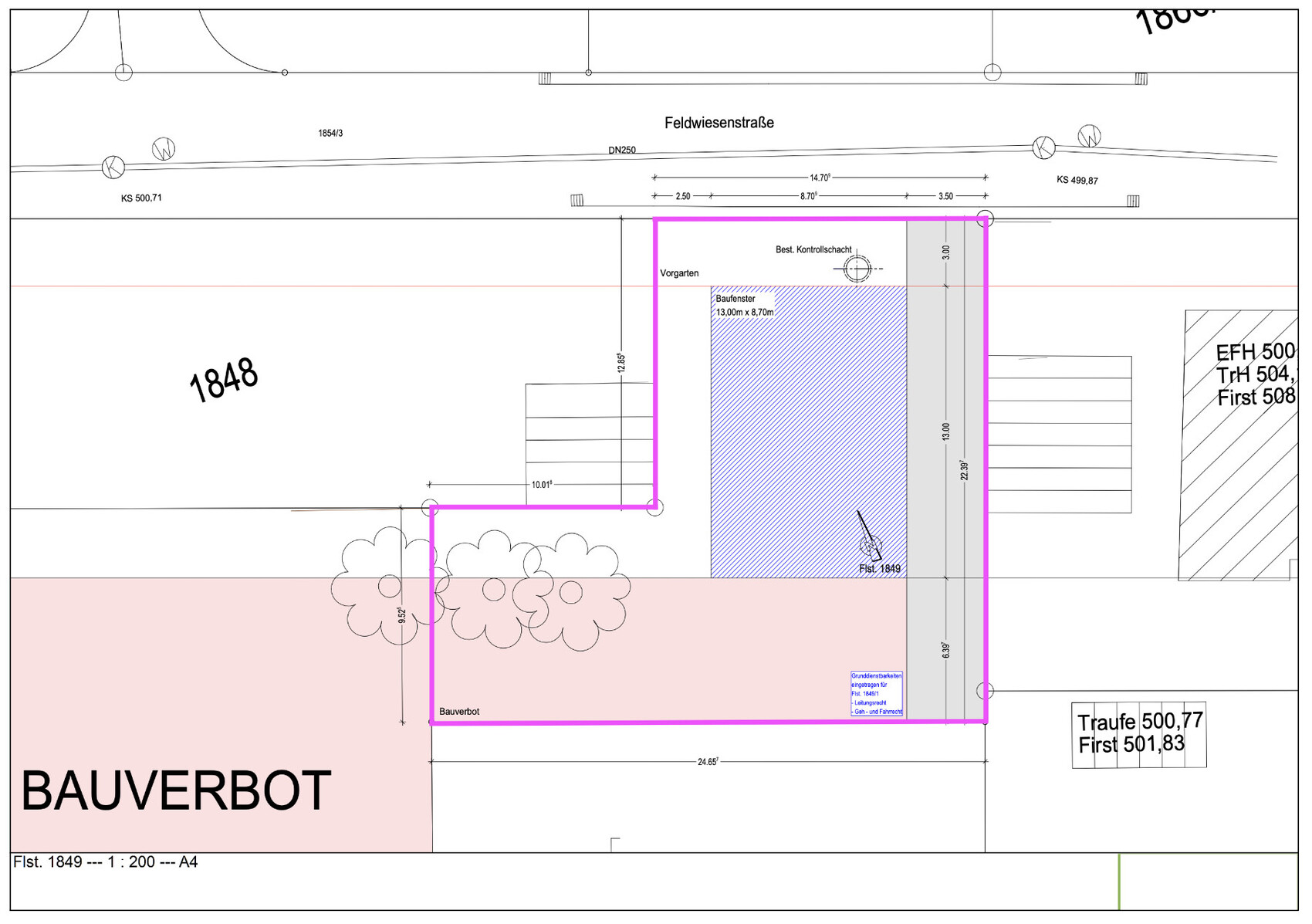 Lageplan: Pink umrandetes Bauverbot-Feld; blaue Fläche mit Maßen entlang der Feldwiesenstraße.