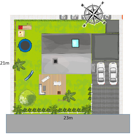 Grundstücksplan von oben: Haus, Garten, Terrasse, Bäume und Pkw Parkplätze.