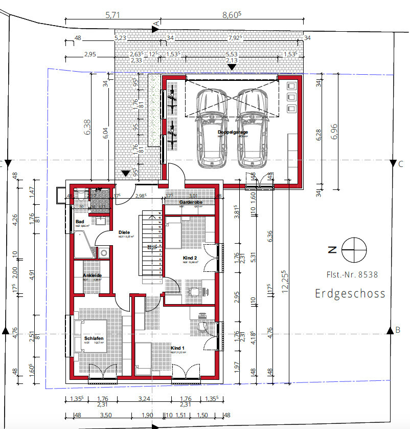Grundriss Erdgeschoss: Doppelgarage, Flur, Schlafzimmer, Kind 1, Kind 2, Bad, Diele, Garderobe.