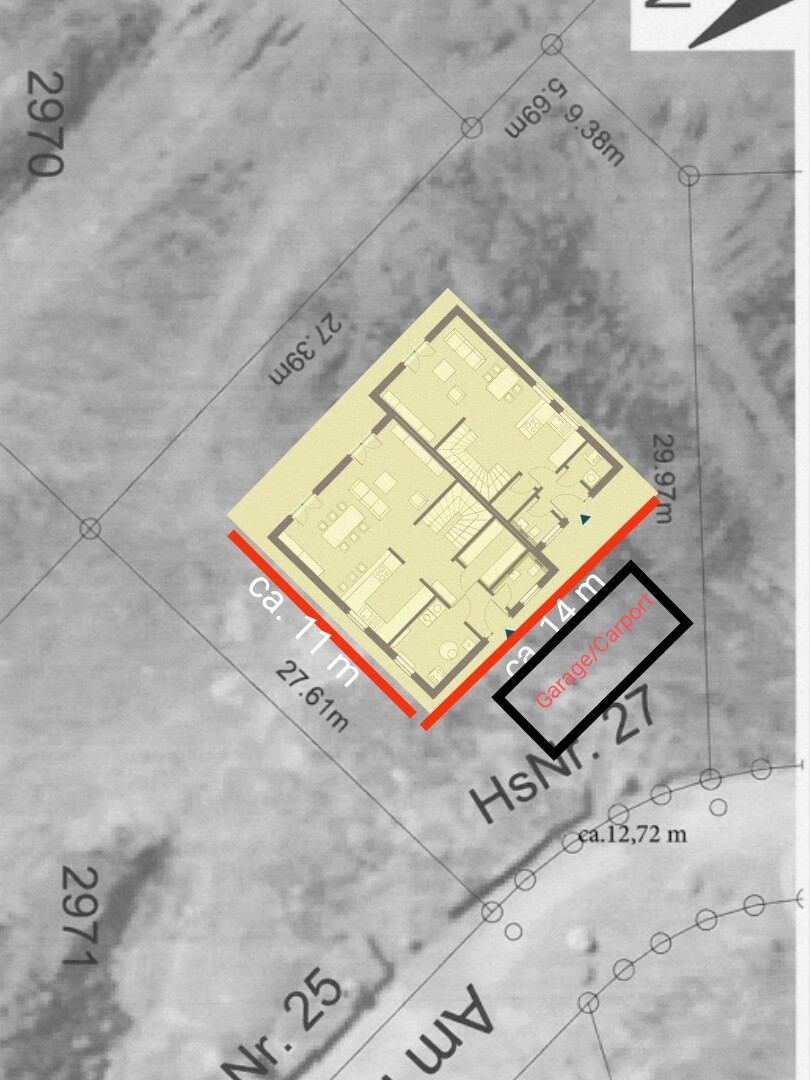 Lageplan eines Grundstücks mit Hausgrundriss und markierter Garage
