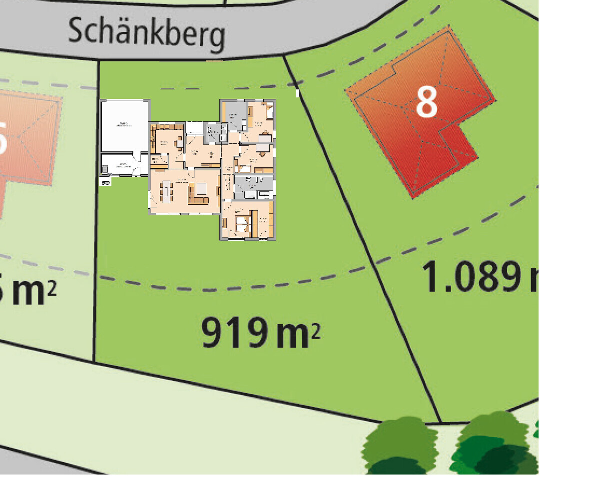 Lageplan: Hausgrundriss; Parzellen 919 m² und 1.089 m²; Straße Schänkberg.