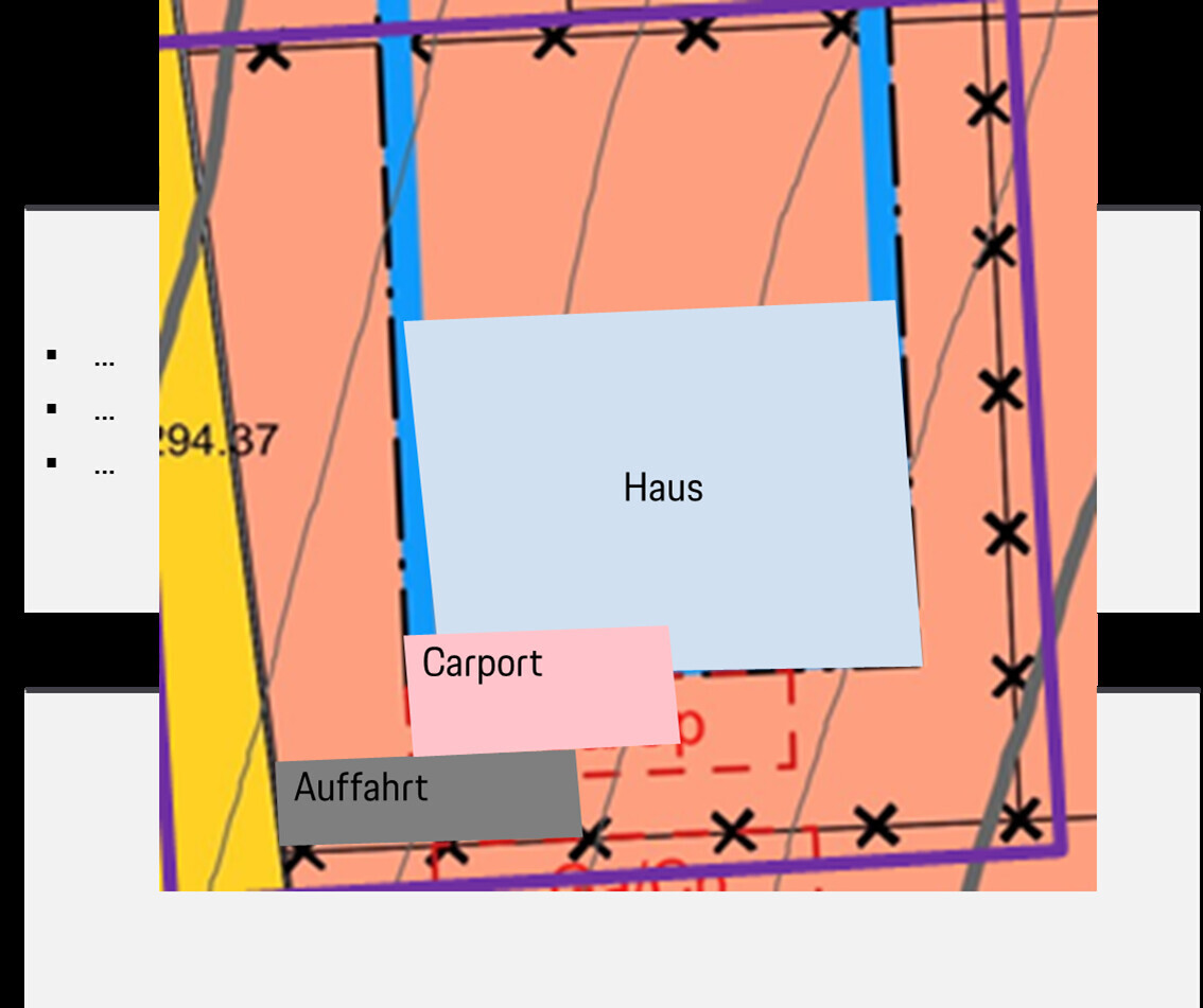 Grundriss eines Bauplots mit Haus (hellblau), Carport (rosa) und Auffahrt (grau).