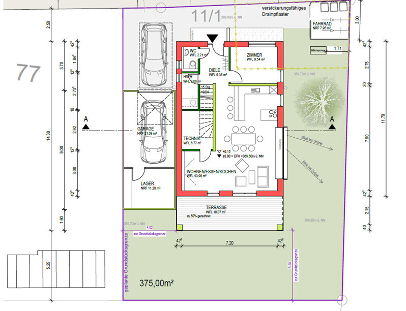 Grundriss eines Einfamilienhauses mit offener Küche/Wohnbereich, Terrasse, Garten und Garage.