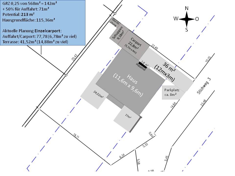 Lageplan eines Hauses mit Carport, Terrasse und Grundstück