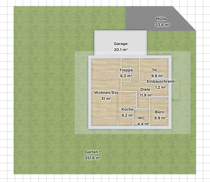 Grundriss eines Einfamilienhauses mit Wohnzimmer, Küche, Diele, WC, Büro, Garage und Garten.