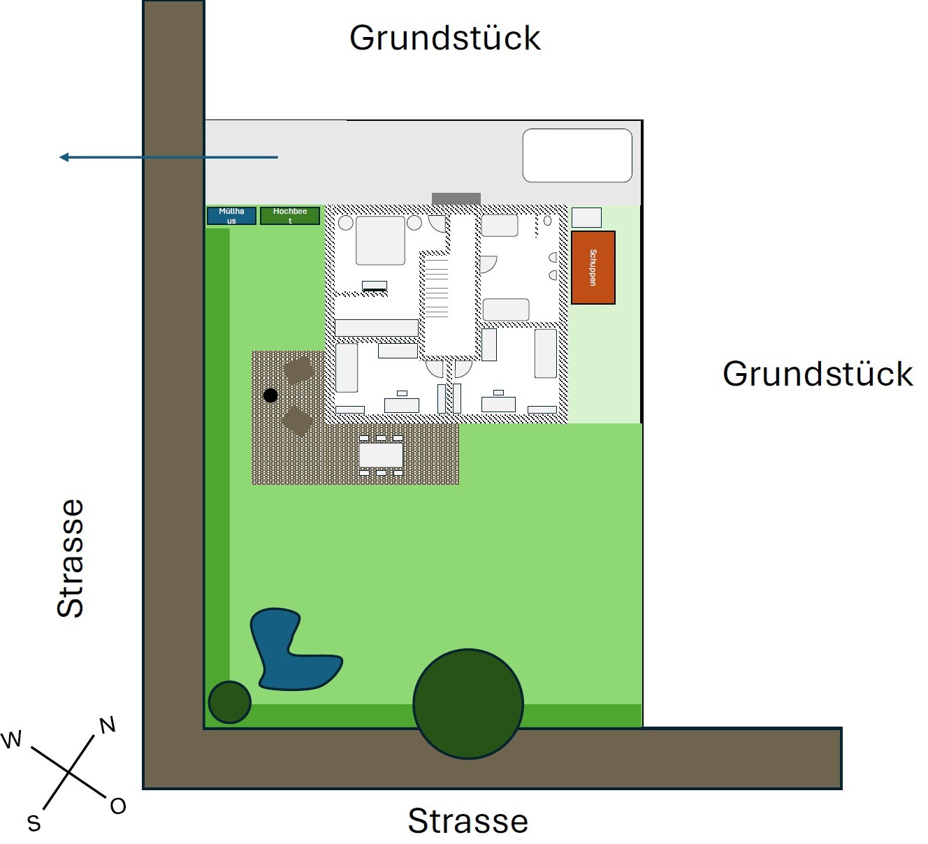 Grundstücksplan: Haus mit Garten, Terrasse, Baum und Schuppen; Müllhaus, Hochbeet.