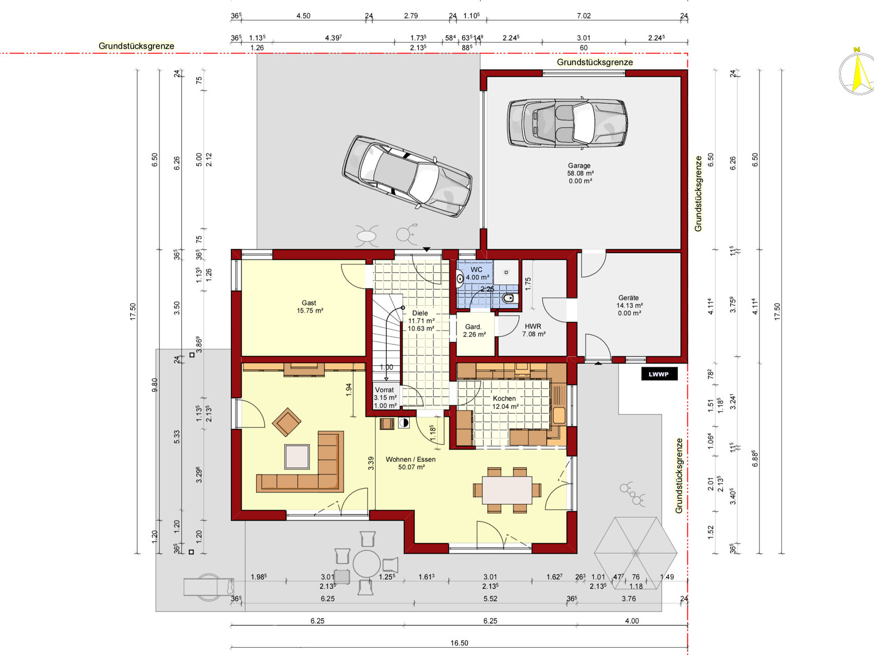 Grundrissplan eines Hauses mit Garage, Flur, Küche und Wohnzimmer