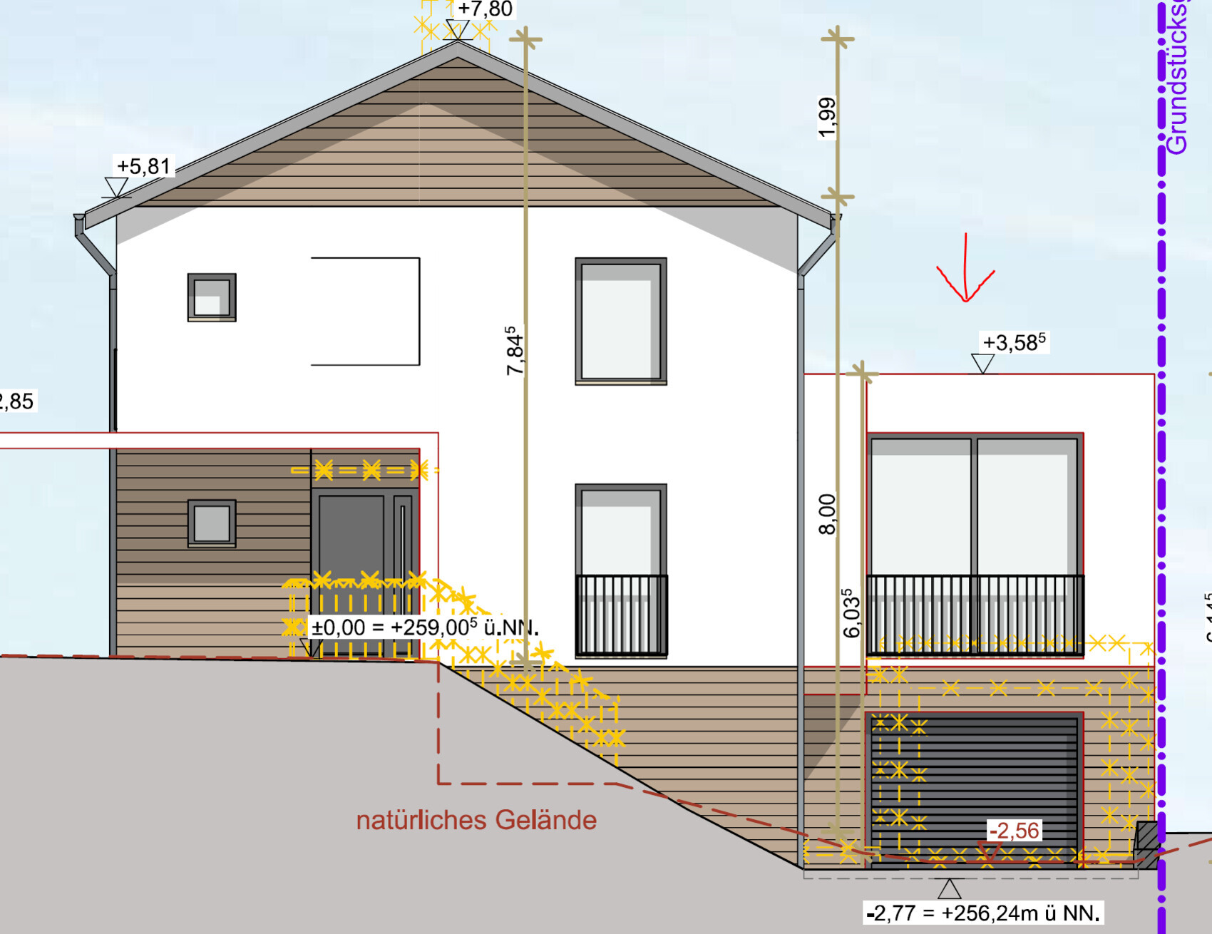 Architekten-Schnitt eines Einfamilienhauses mit Holzverkleidung, Terrasse, Garage und Maßangaben.