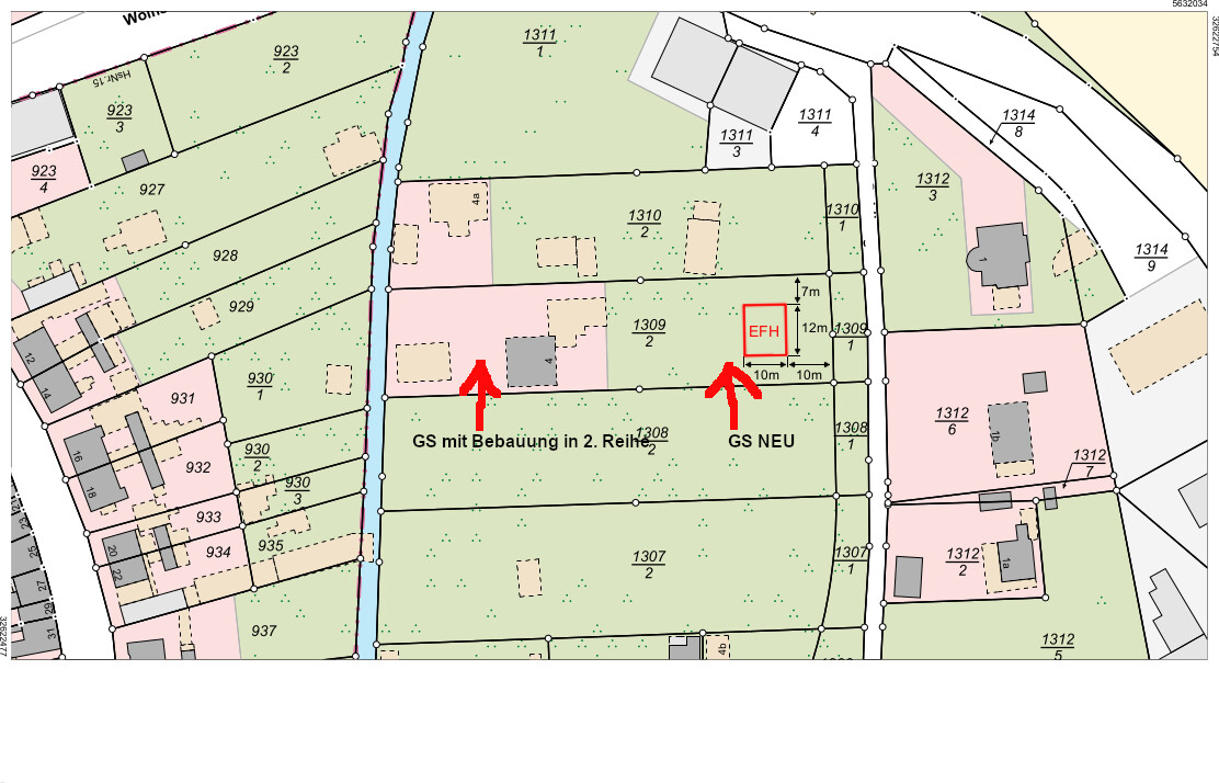 Lageplan eines Baugebiets mit markierten Bereichen GS NEU, GS mit Bebauung in 2. Reihe und EFH.
