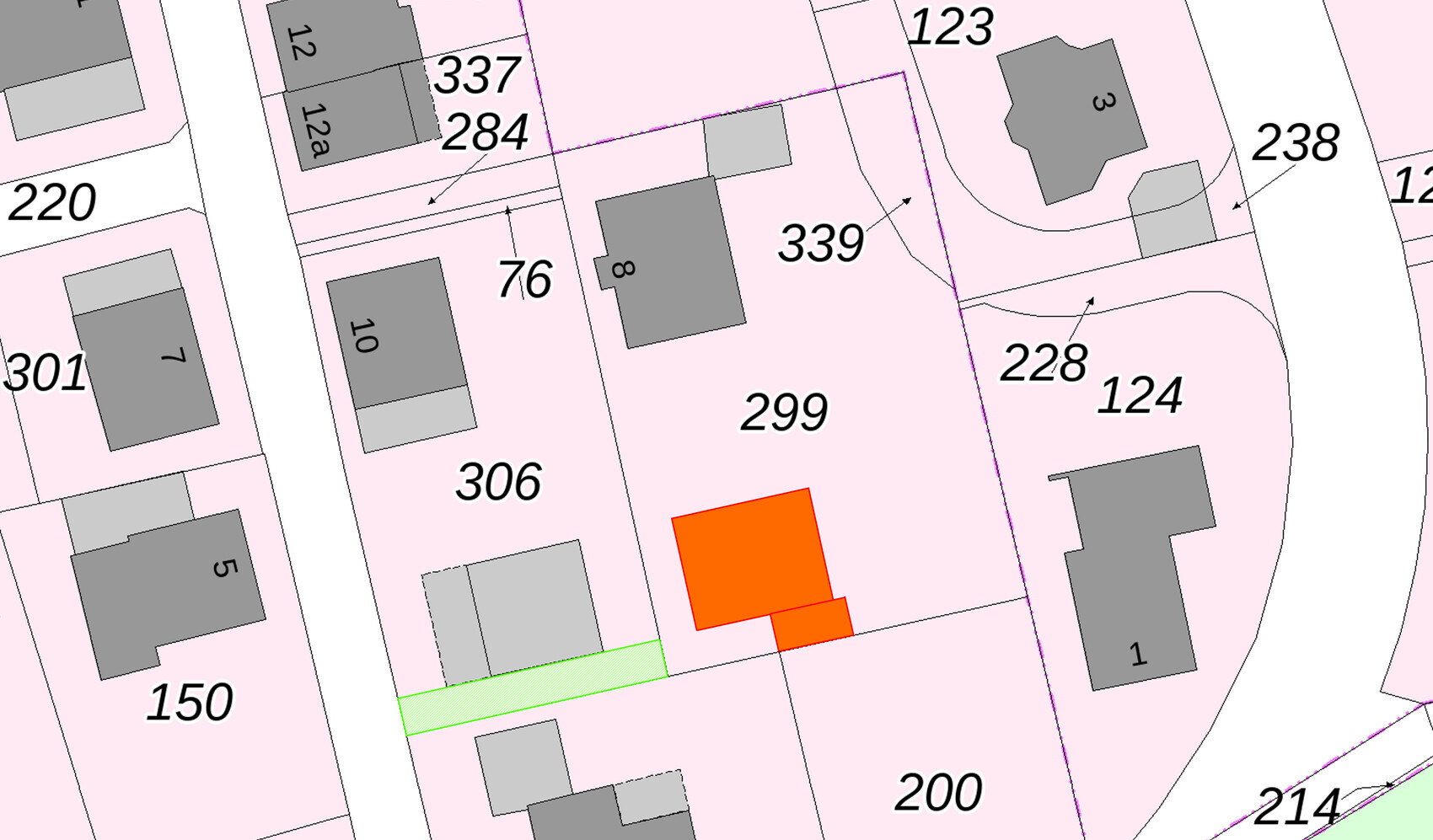 Lageplan eines Wohngebiets mit Parzellen-Nummern; orange markiertes Gebäude auf Parzelle 299.