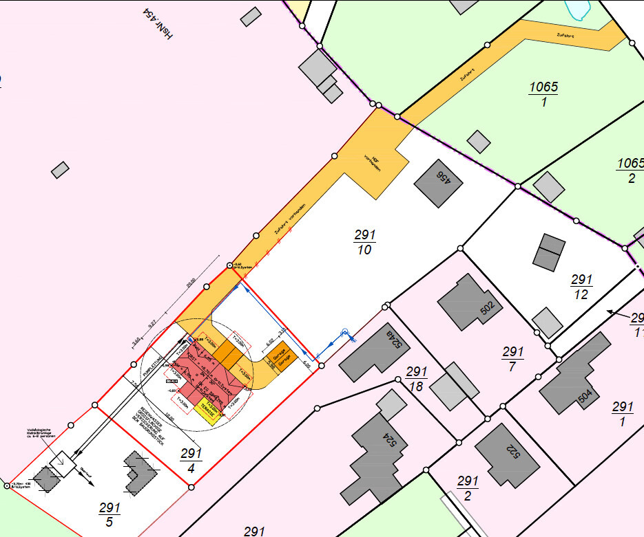 Lageplan eines Grundstücks mit Parzellen, Grenzlinien und Bauflächen