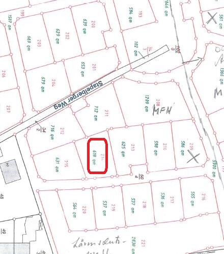 Lageplan einer Siedlung mit Parzellen, rotes Rechteck markiert ein Grundstück