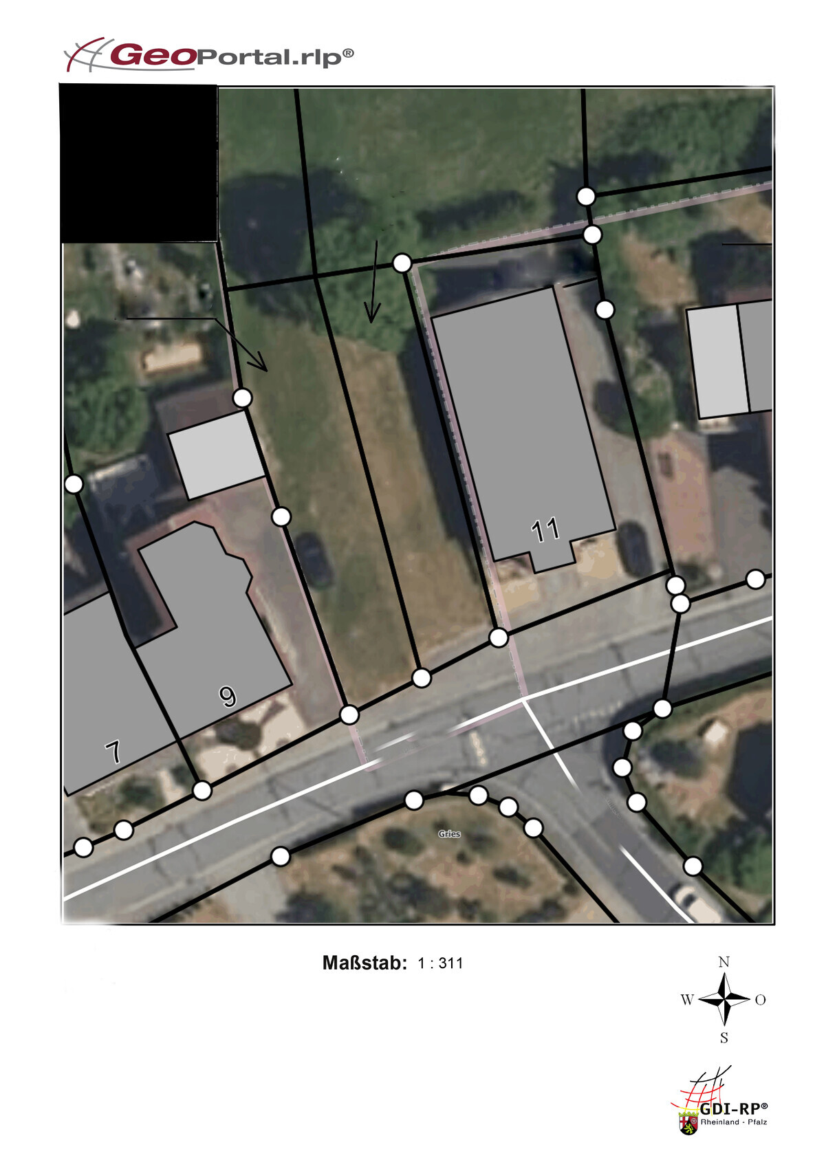 Luftbild eines Grundstücks: Parzellen, Gebäude und Straßennetz