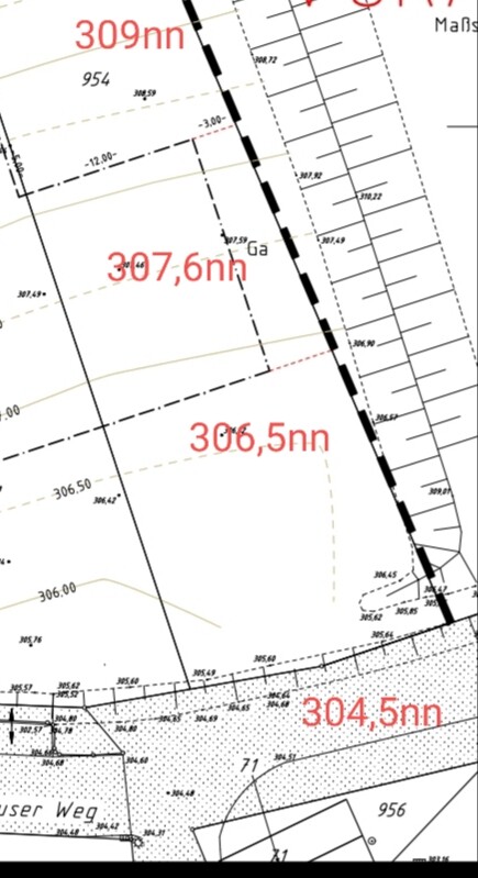 Kadastralischer Lageplan mit Parzellen 304,5n–309n, schwarzer Grenzverlauf und Maßangaben.