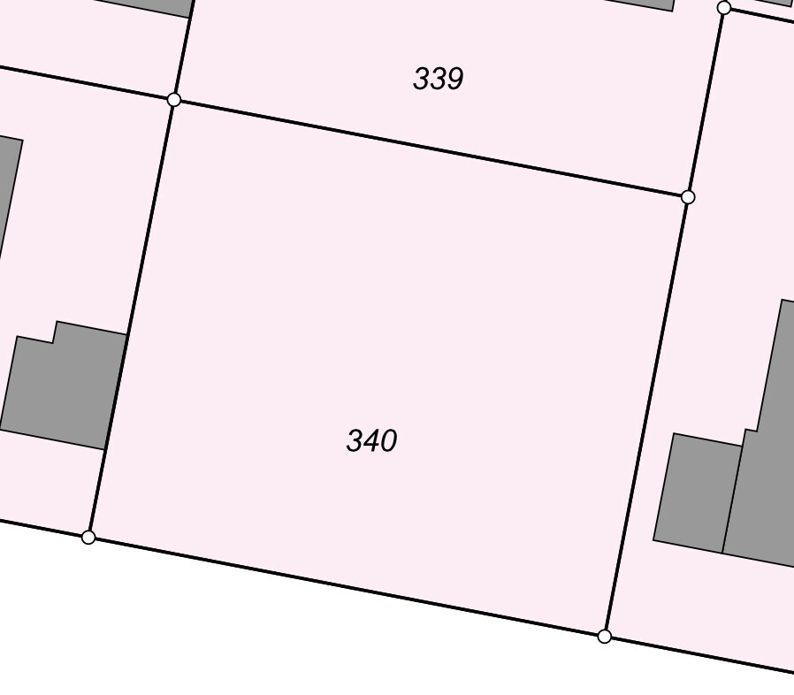 Lageplan von Grundstücken 339 und 340, pink markiert, mit Umrissen, Grenzlinien und Gebäuden.