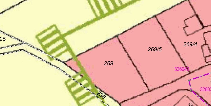 Ausschnitt eines Katastralplans: rosa Parzellen 269, 269/5, 269/4, grüne Wege, gelbe Flächen.