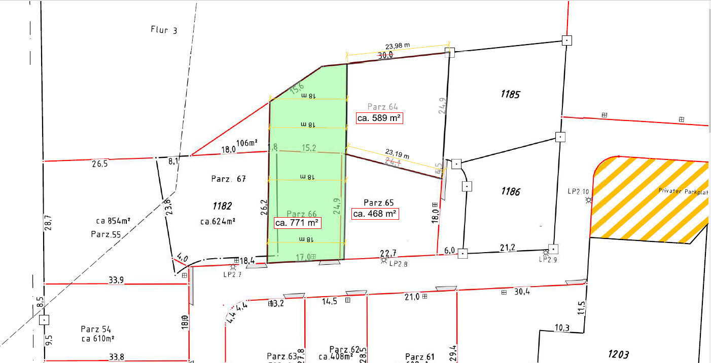 Lageplan: grün markiertes Parz.66-Grundstück ca. 771 m², umliegende Parzellen 65 und 67.