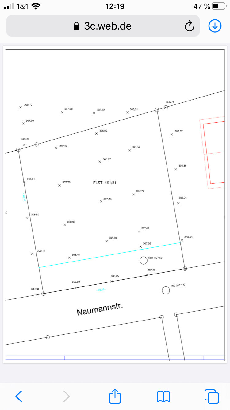 Lageplan eines Grundstücks: Umgrenzung, Koordinatenpunkte, blaue Linie, Naumannstr.
