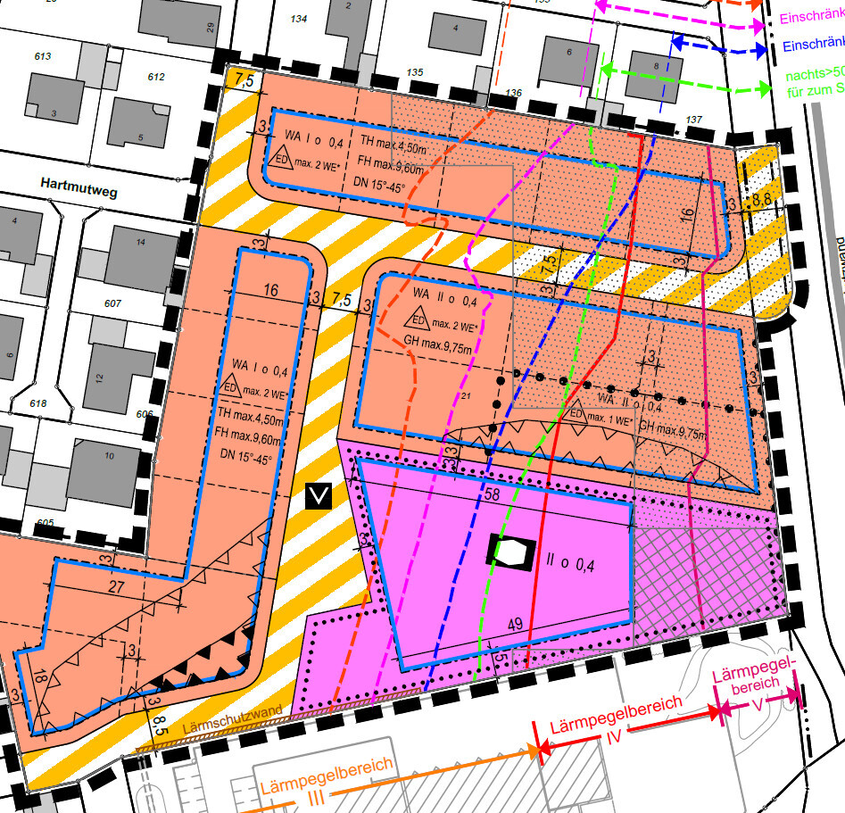 Detaillierter Bauplan eines Baugebiets mit farbigen Zonen, Barrieren, Wegen und Lärmbereichen.