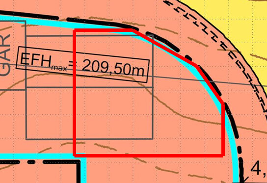 Kartenabschnitt mit rotem Rechteck, blauen Linien und Maßangabe EFH_max 209,50 m