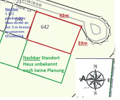 Lageplan eines Grundstücks mit rotem Baublock, grünem Nachbargrundstück und Kompassrose