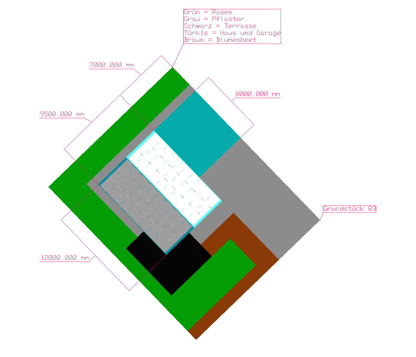 Grundstücksplan: Grün=Rasen, Grau=Pflaster, Schwarz=Terrasse, Türkis=Haus/Garage, Braun=Blumenbeet