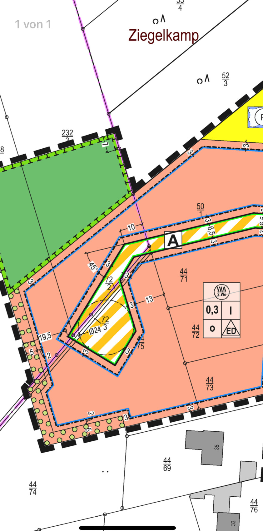 Lageplan: grüne Fläche, orangefarbene Zonen, Bereich A markiert, Ziegelkamp.
