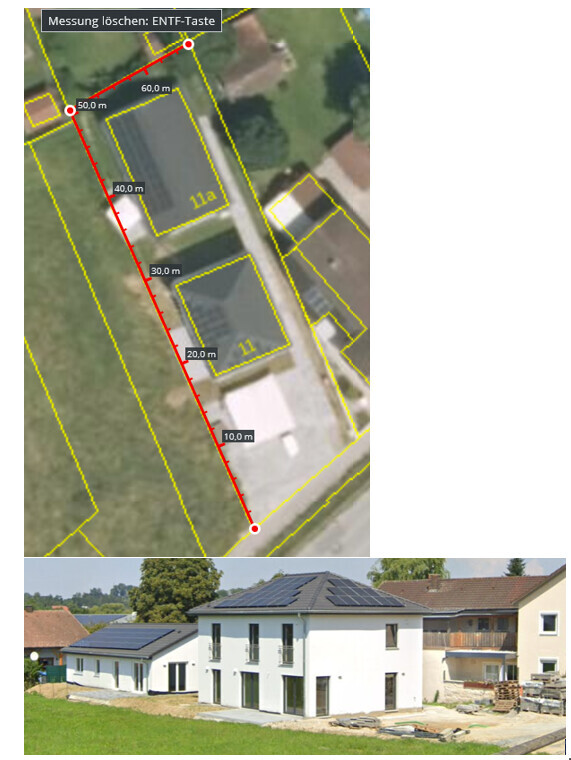 Luftbild zeigt Grundstücksgrenze (gelb) und rote Messlinie; darunter modernes Haus mit Solardach.