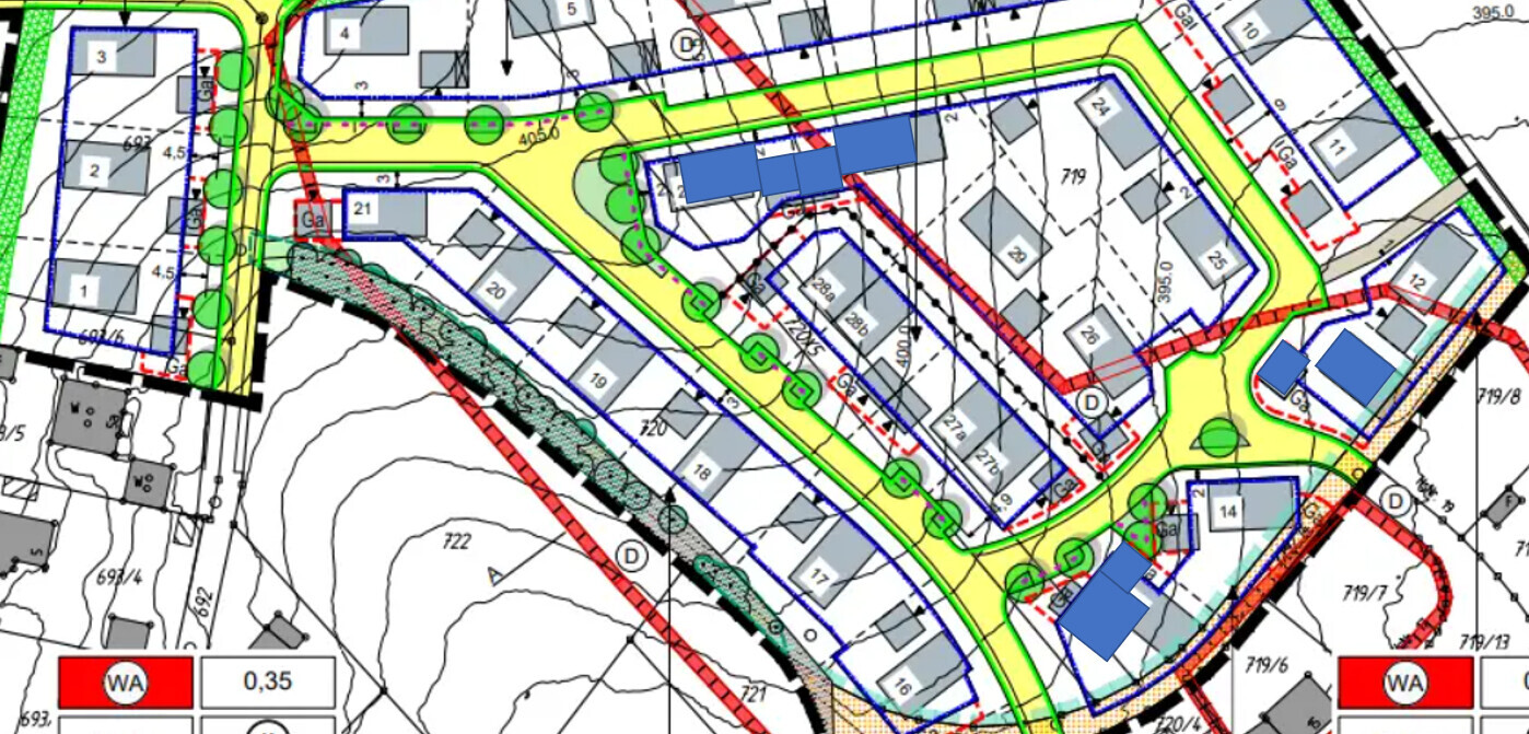 Lageplan einer Siedlung mit Straßen, Gebäuden, Grünflächen, Geländekonturen und Abgrenzungen.