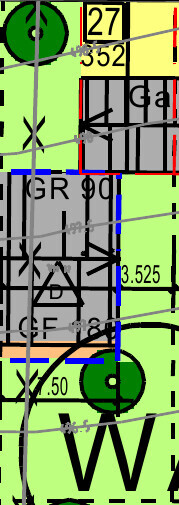 Grundstueck-grundriss mit gebaeudeumriss, gartenbereich und zufahrtswegen