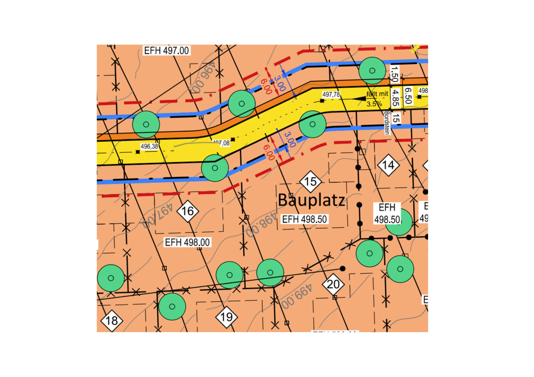 Topografische Bauplatzkarte mit gelbem Streifen, grünen Kreisen, Linien und Zahlen.