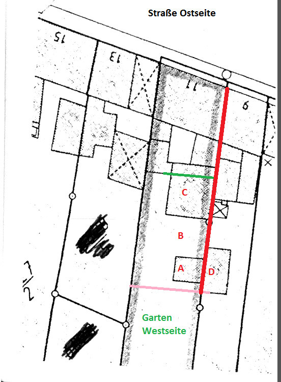Grundstücksplan: Garten Westseite; Parzellen A-D; rote Linie entlang Ostseite; grüne Markierung