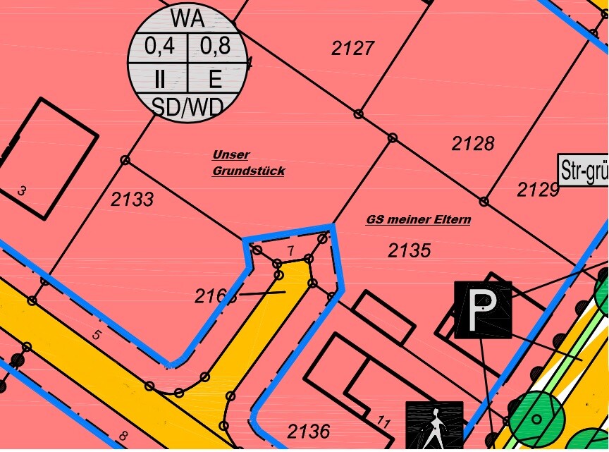 Kartenabschnitt: Unser Grundstück mit gelbem Weg, Grenzlinie und Parkplatzsymbol.