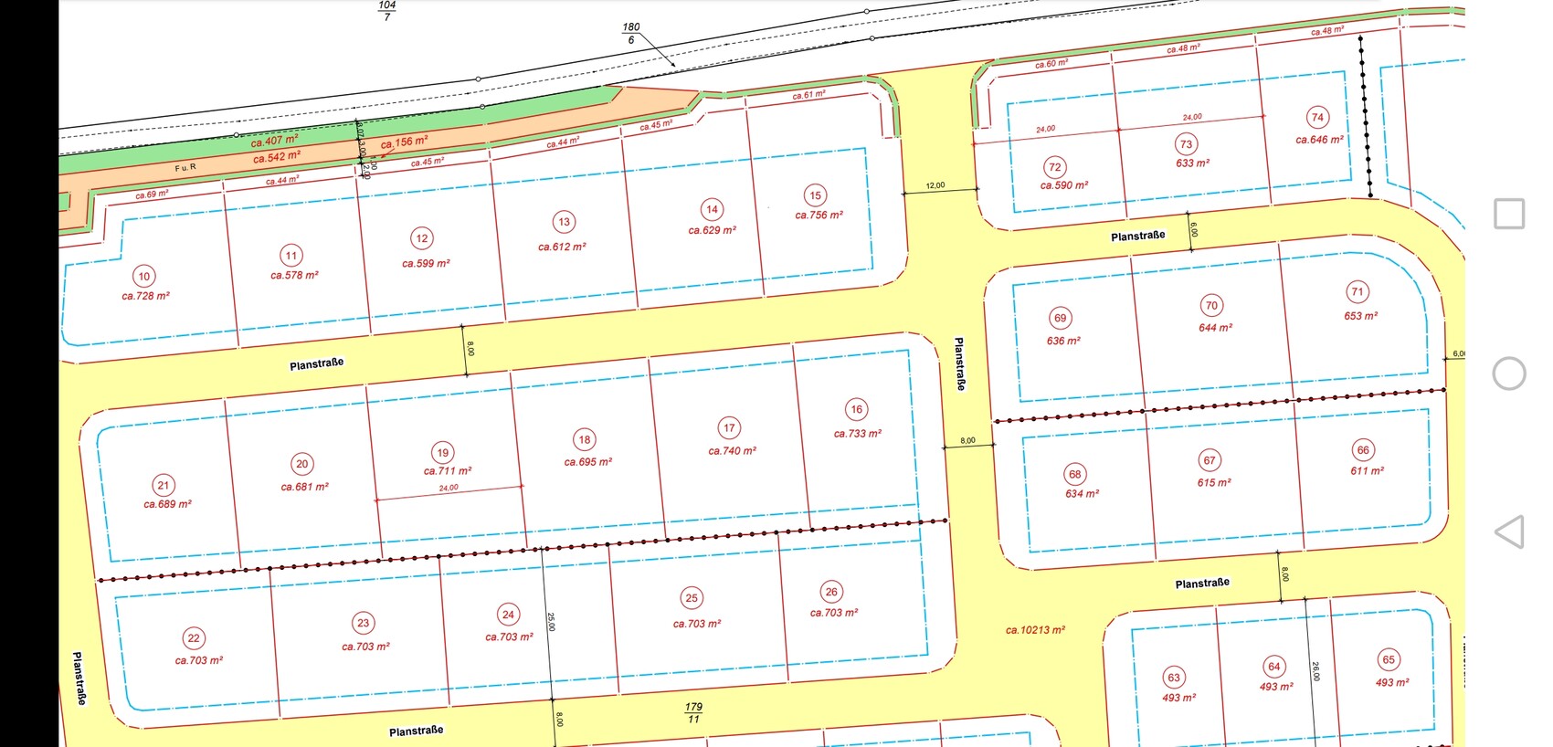 Lageplan einer Siedlung mit nummerierten Parzellen, gelben Straßen und Flächenangaben in m².