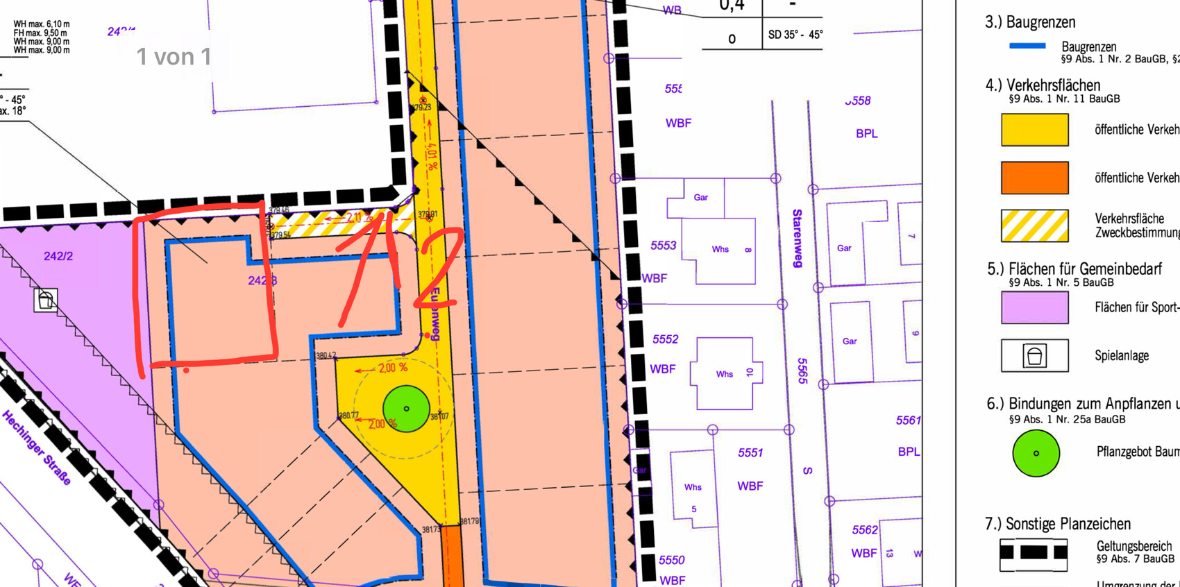 Lageplan eines Bau- und Verkehrsflächenplans mit farbigen Zonen; roter Pfeil markiert Bereich.