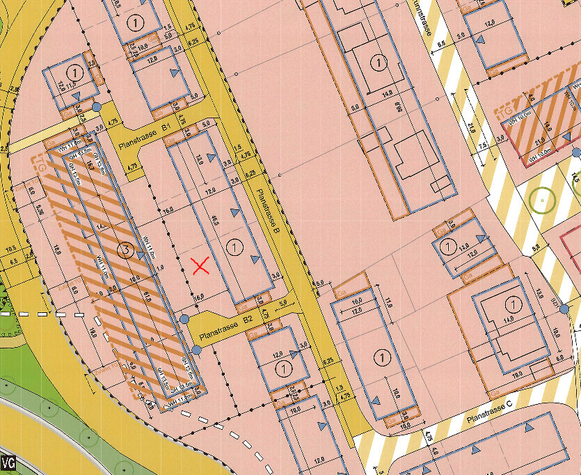 Lageplan eines Baugebiets mit Gebäuden, Straßen, Sperrflächen und Markierungen.