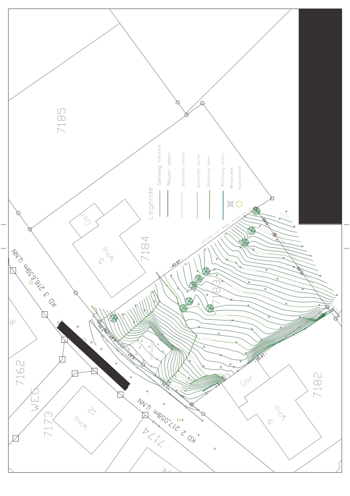 Lageplan des Grundstucks mit Hausumriss, Gelaendetopografie und Baeumen