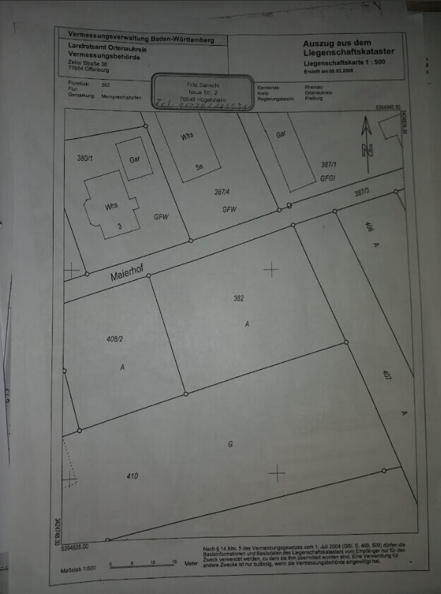 Ausschnitt aus dem Liegenschaftskataster: Parzellenplan mit Malerhof, Flächen A/G, Maßstab 1:500