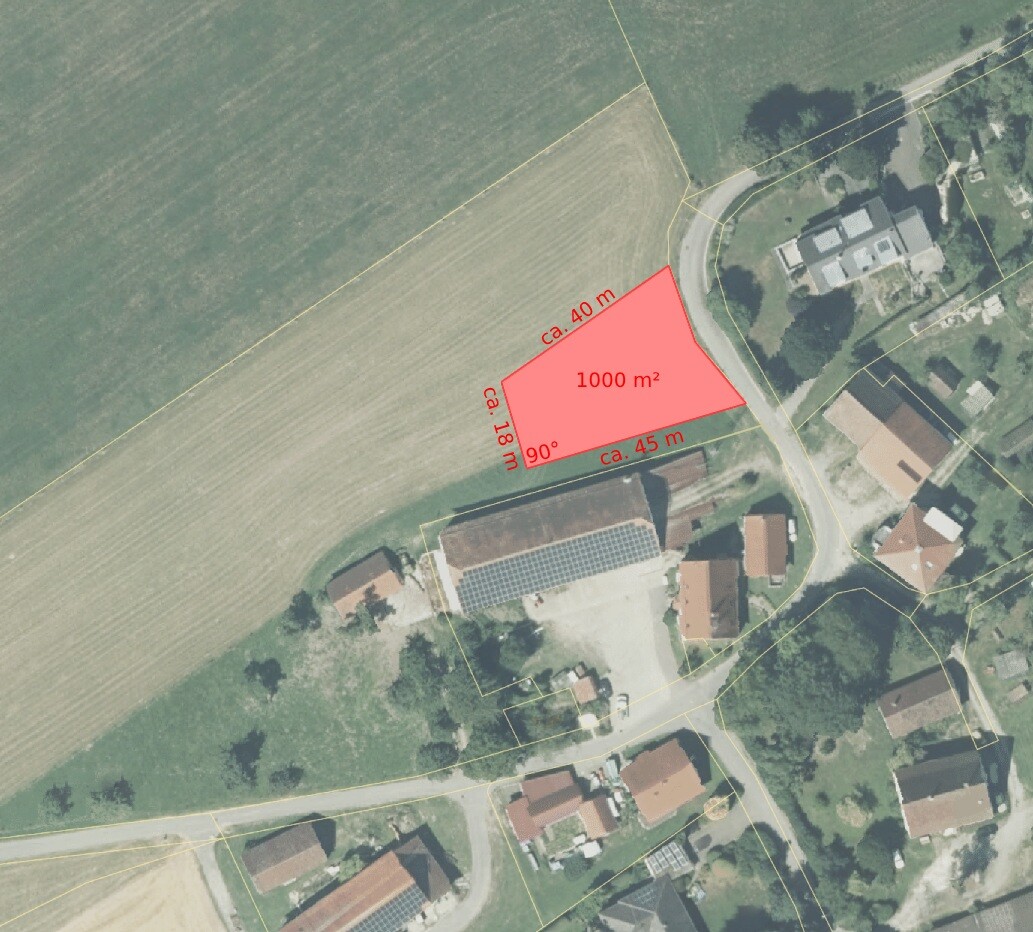 Luftaufnahme: Rot markiertes Grundstück ca. 1000 m² am Straßenrand neben Wohnhäusern.