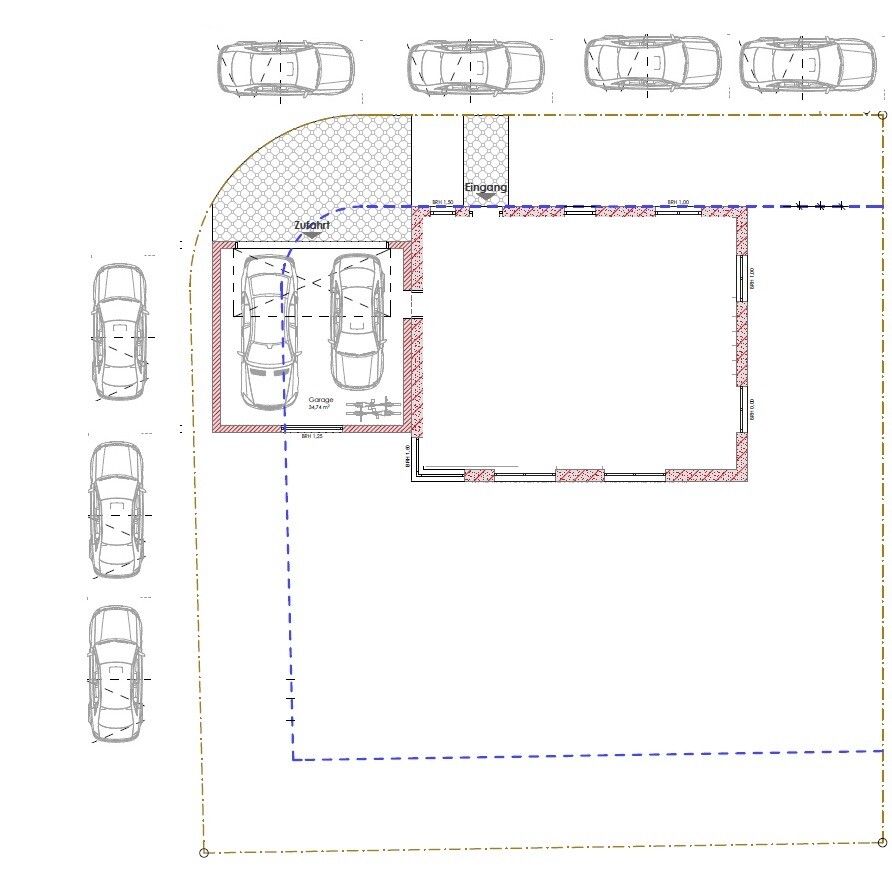 Grundriss eines Gebäudes mit Garage, Zufahrt und Parkplätzen, Eingang oben.