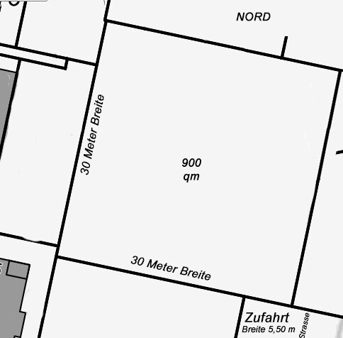Lageplan eines Baugrundstuecks mit Nordausrichtung, Zufahrt und 900 qm Fläche