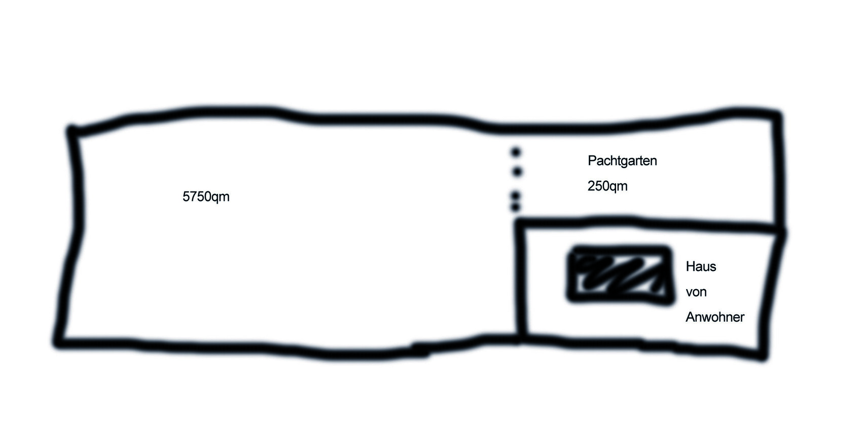 Grundstücksplan: links 5750 qm, rechts 250 qm Pachtgarten, kleines Haus der Anwohner.