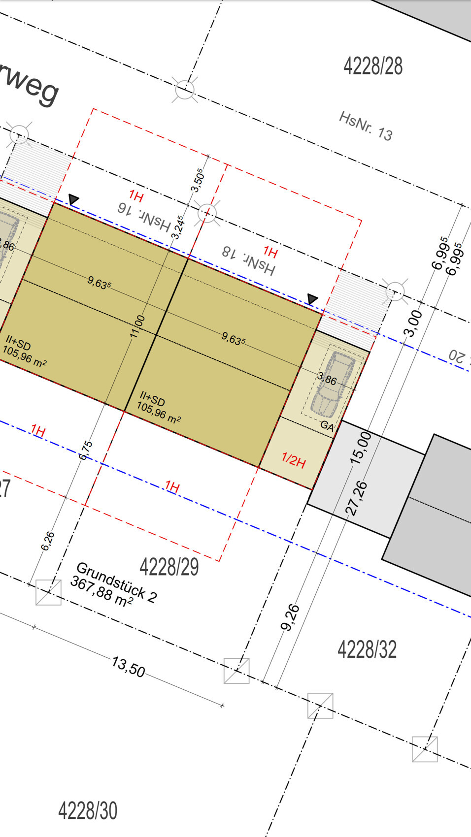 Lageplan eines Baugrundstücks mit Parzellen 4228/28, 4228/29, 4228/32, Gebäudefläche und Maßen.