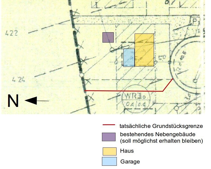 Lageplan: Grundstücksgrenze, bestehendes Nebengebäude, Haus und Garage mit Legende