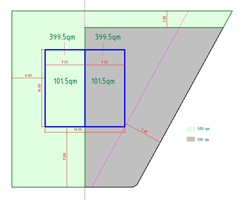 Flächenplan: links grün 500 qm, rechts grau 500 qm; zwei blaue Rechtecke 101.5 qm.