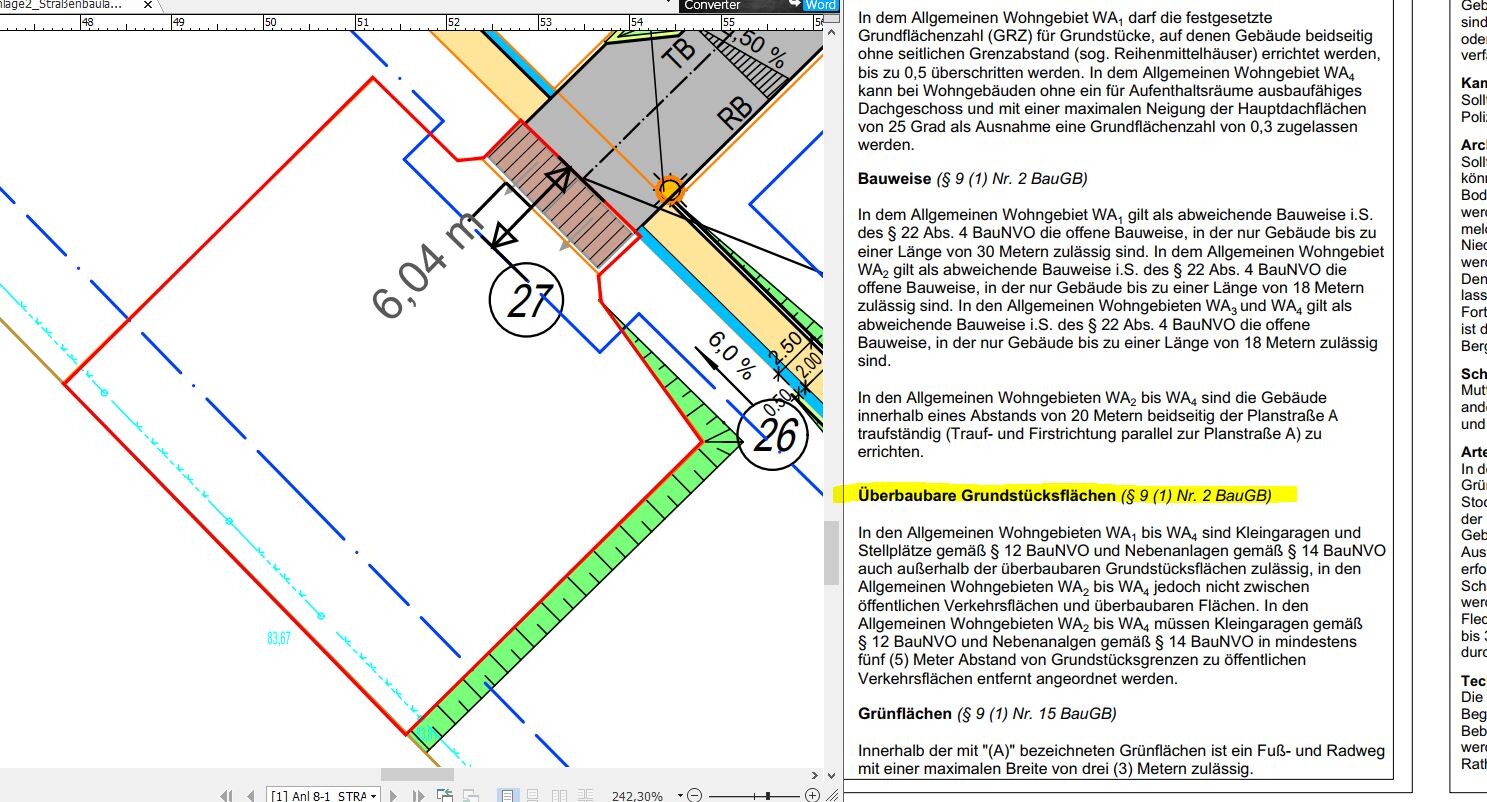 Grundstücks-Plan mit Grundrisslinien, Grenzmarken und Bauvorschriften sichtbar auf Planungsunterlage