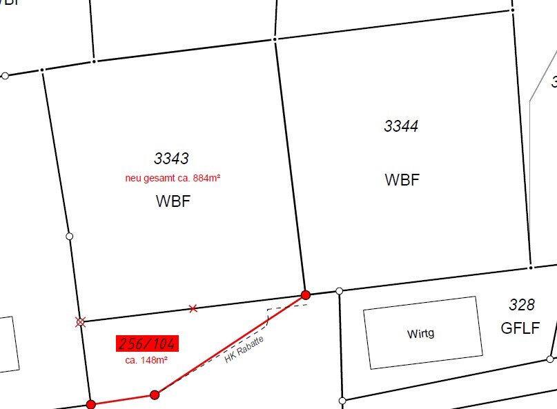 Katastralkarte: Parzelle 256/104 ca. 148 m², rote Linienmarkierung; Parzellen 3343/3344 WBF