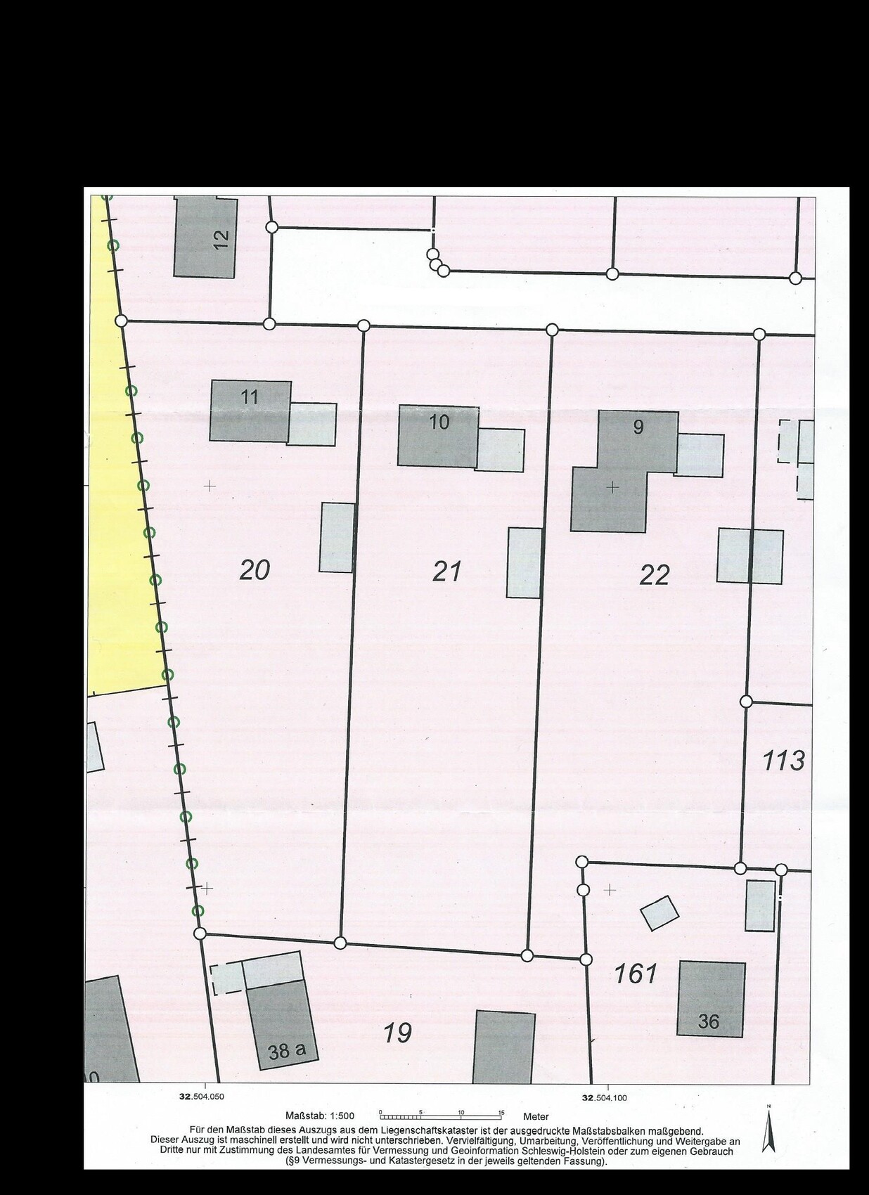 Kataster-Lageplan: Parzellen 19–22, 161, 38a, 36; Straßenverlauf und Maßstab 1:500.